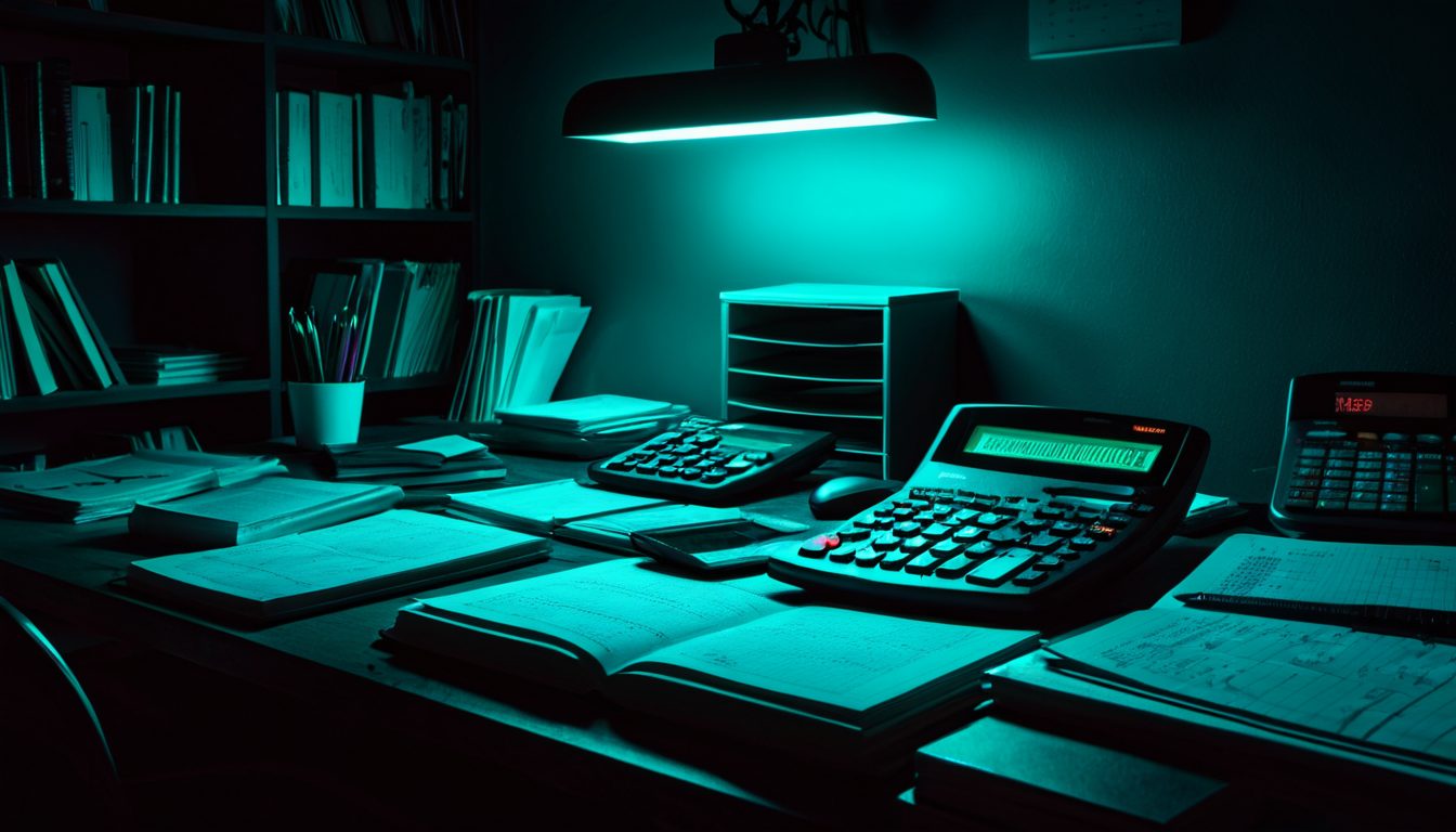 Dark moody accountancy office desk at night with cyan neon glow, calculator and ledger books visible
