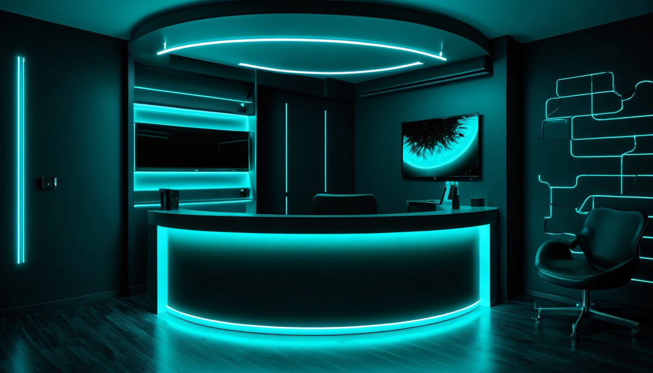 Dark dental reception desk glowing with cyan neon light, empty waiting area at night, modern clinic interior