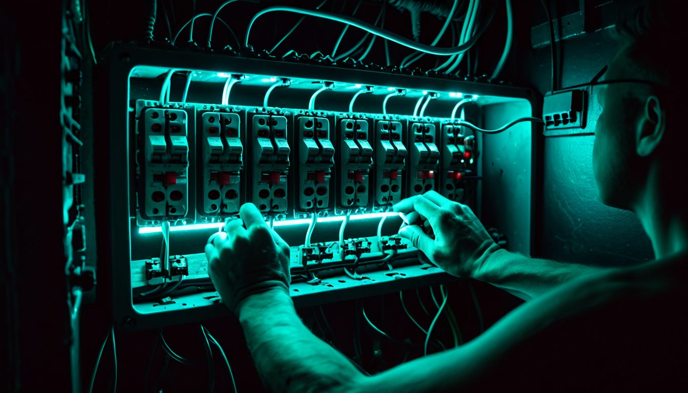 Electrician hands working on a dark fuse box panel, lit by cyan neon glow from circuit breakers