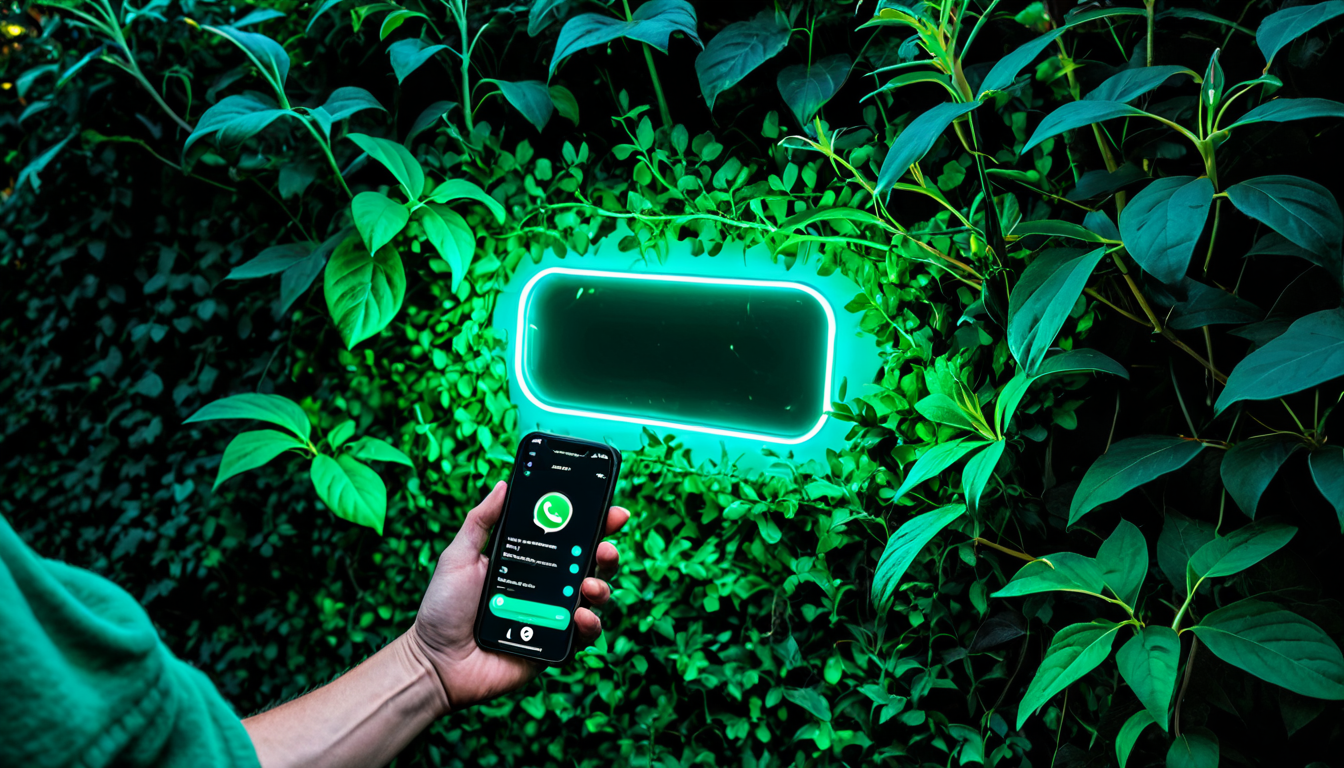 Dark moody garden at dusk with a hand holding a smartphone showing a glowing cyan WhatsApp notification surrounded by lush greenery