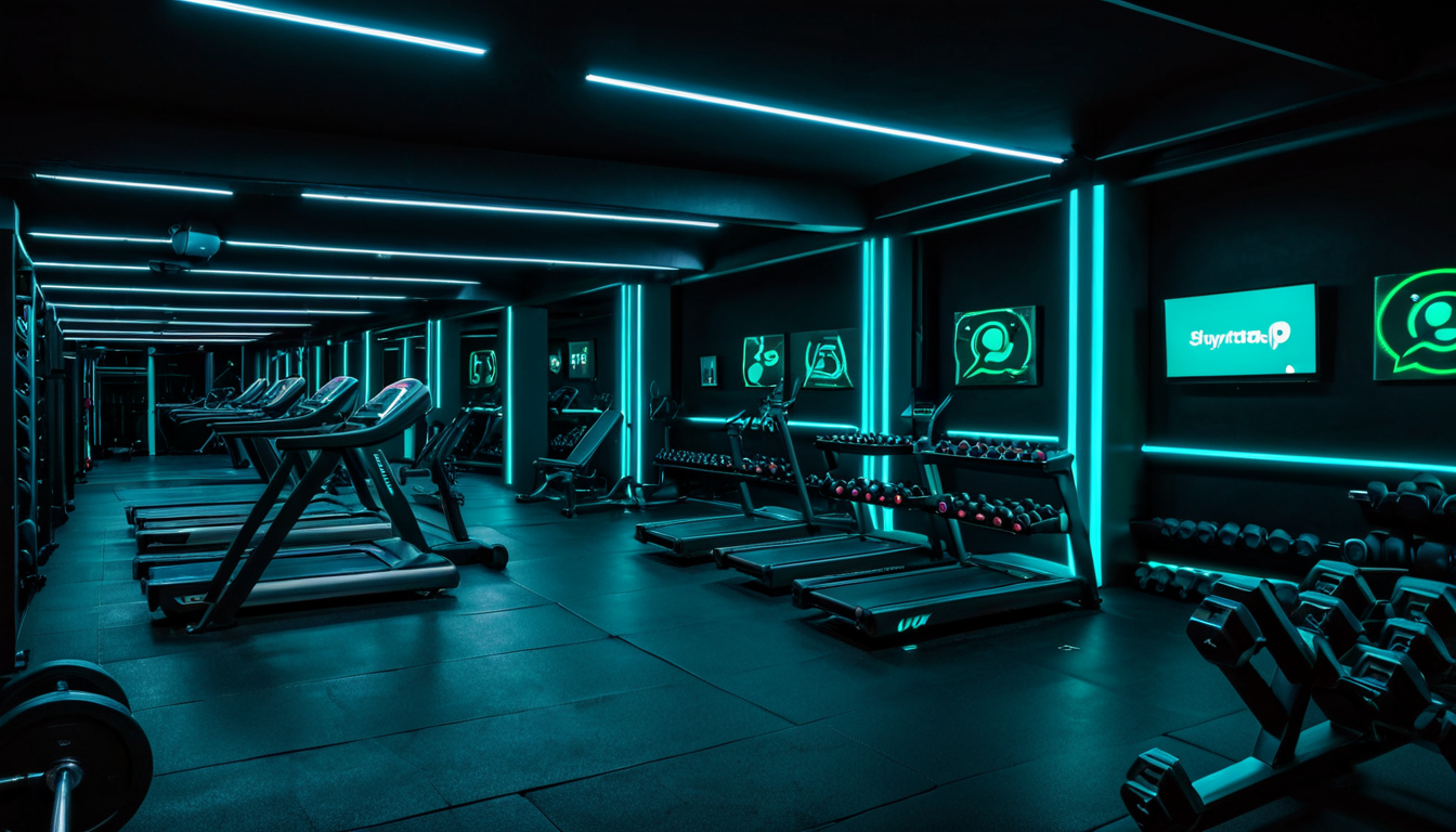 Dark empty gym floor at night with cyan neon accent lighting, treadmill row and dumbbell racks visible, no people