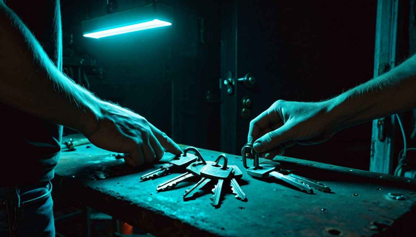 Dark locksmith workshop at night with cyan neon light illuminating lock picks and tools on a workbench