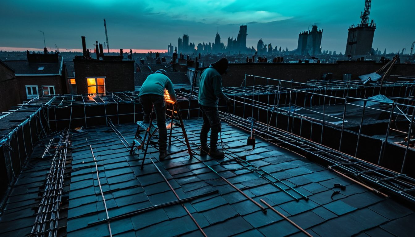 Roofers working from behind on rooftop at dusk, city skyline glowing with cyan neon light below