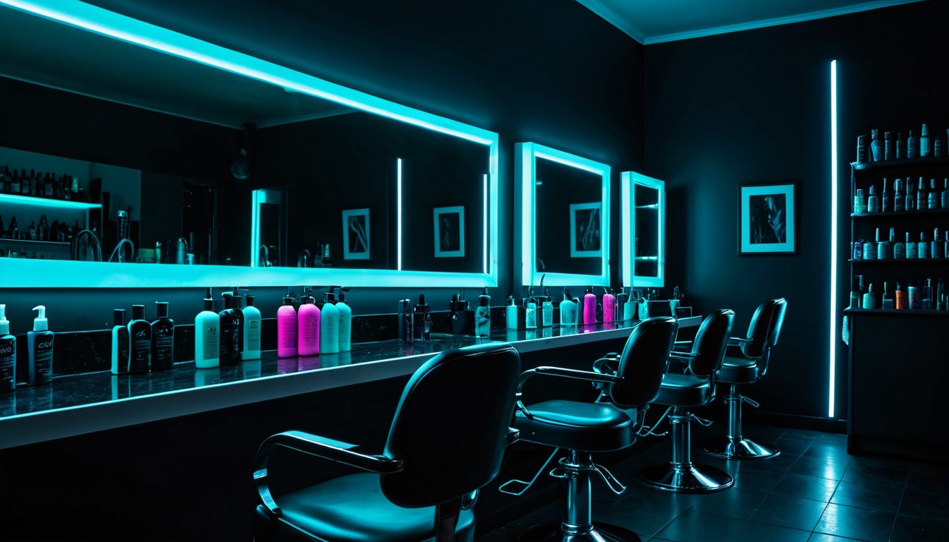 Dark moody UK hair salon interior at night, styling chairs reflected in mirrors under cyan neon lighting