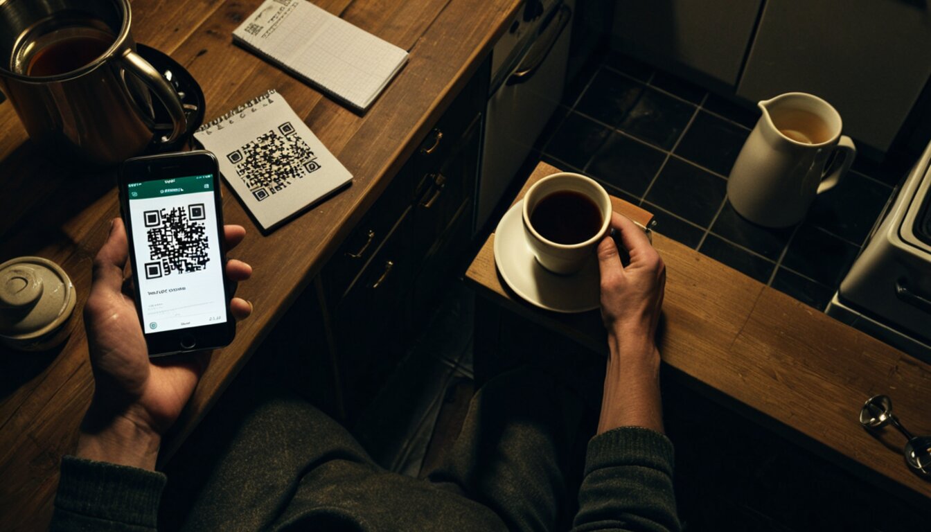 Overhead view of a tradesperson at a kitchen table holding a smartphone showing a WhatsApp QR code beside a mug of tea and a small notepad