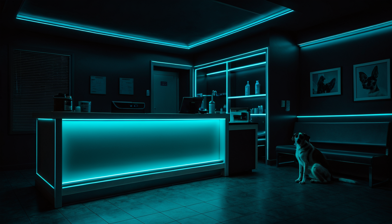 Dark moody veterinary clinic reception desk at night glowing with cyan neon accent lighting