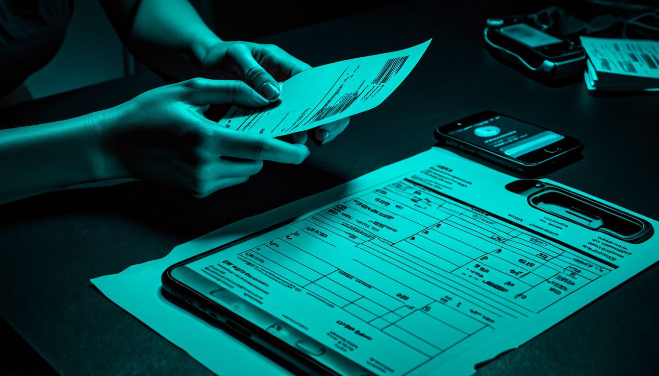 Hands comparing printed invoices and cost breakdowns on a dark desk with cyan light from a nearby screen
