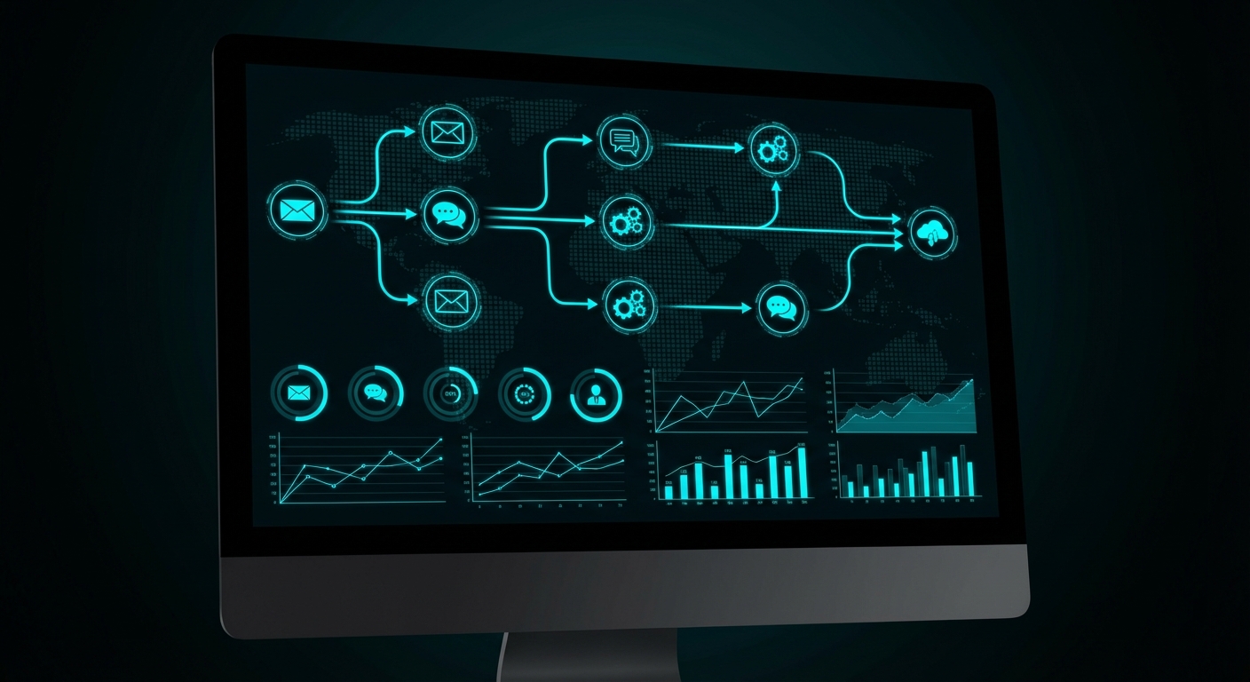 Dashboard showing automated message flows with cyan highlights on dark background