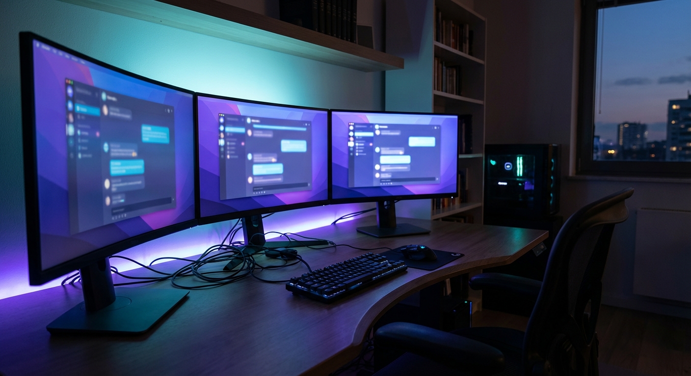 Professional dark office with multiple monitors showing AI chat interfaces and cyan ambient lighting