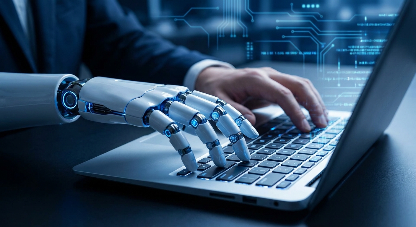 Robot hand and human hand working together on a laptop keyboard with blue neon glow