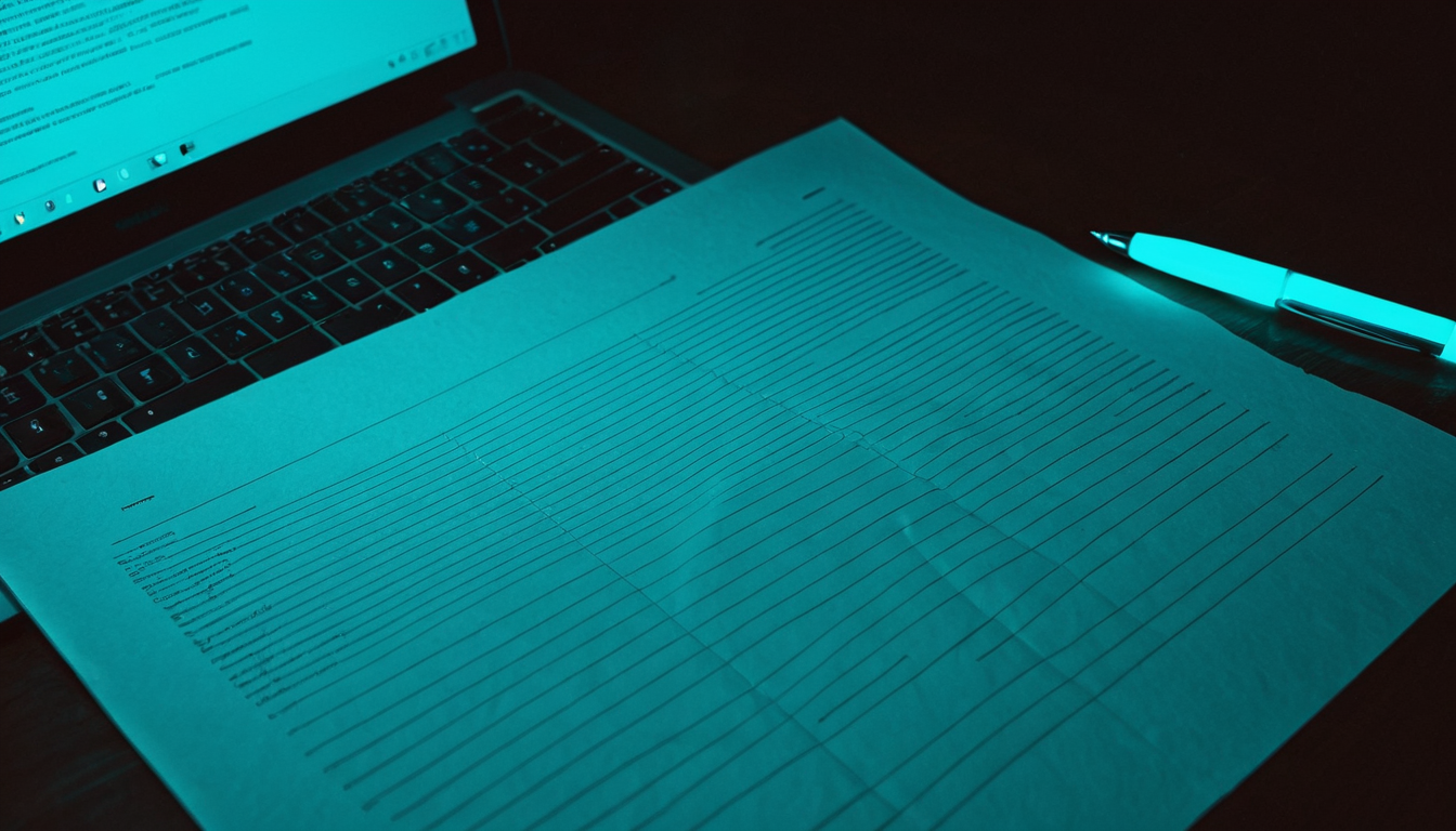 A printed contract on a dark wooden desk with a pen lying across it, lit by the cyan glow of a laptop screen