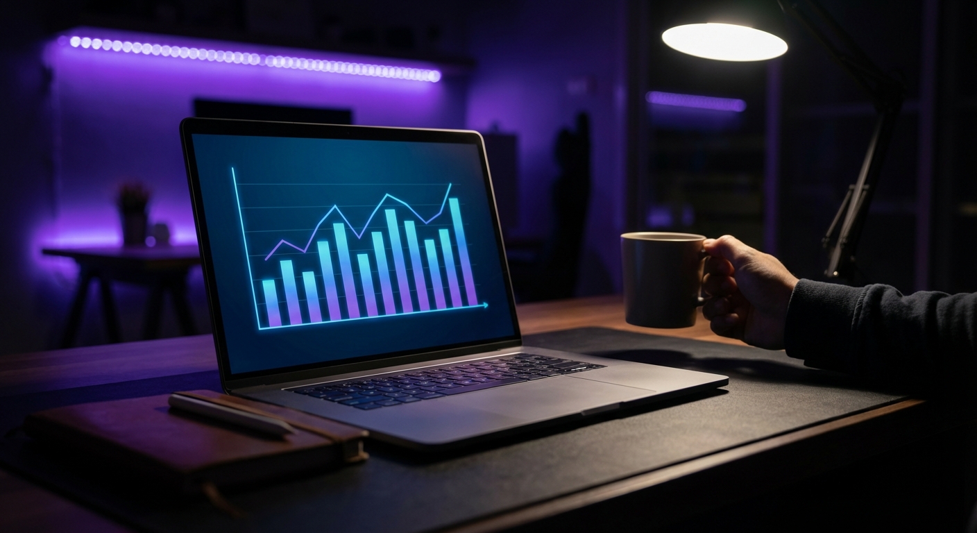 Laptop on dark desk showing pricing comparison with cool ambient lighting