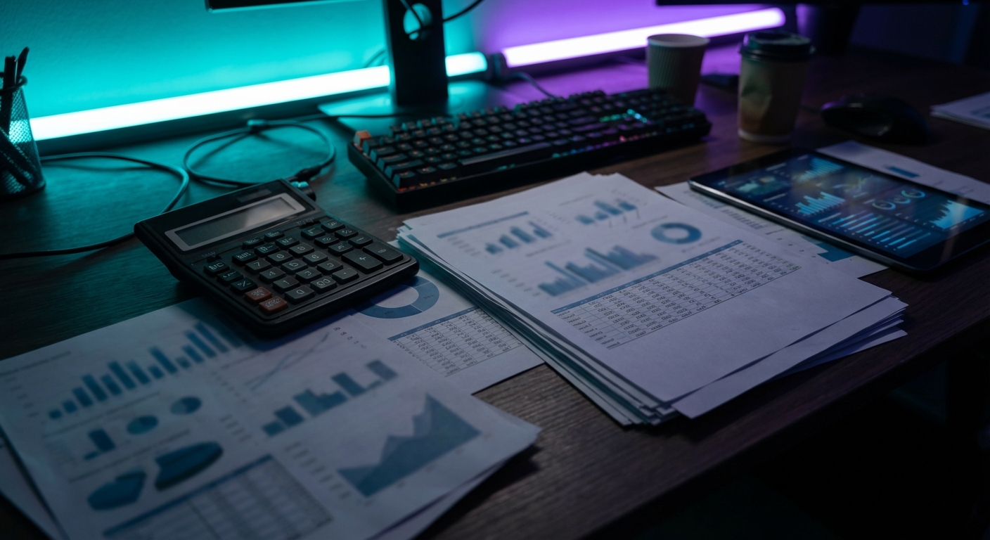 Dark moody business desk with calculator and financial documents in cool blue lighting