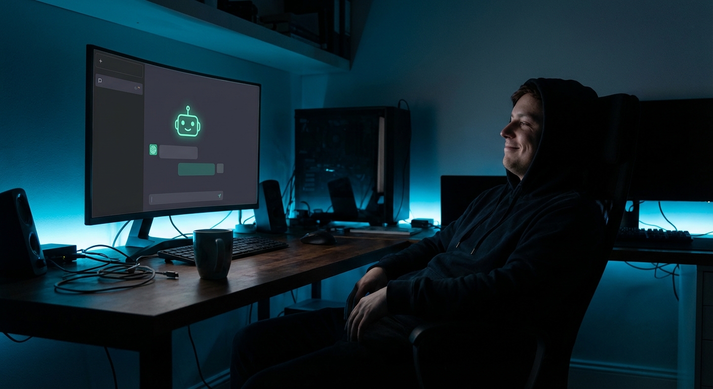 Small business owner at desk with chatbot interface glowing on monitor in dark office