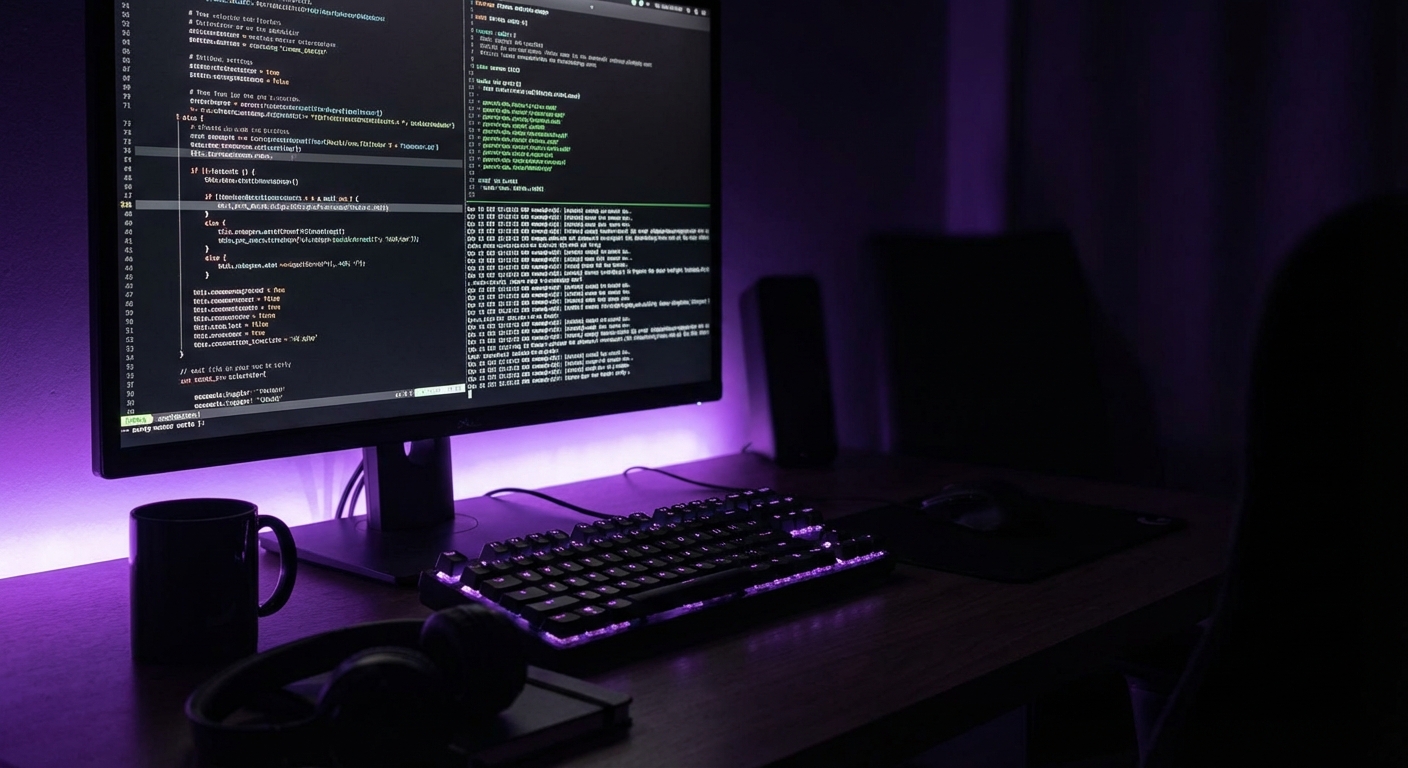 Dark code editor showing configuration files with glitch effects