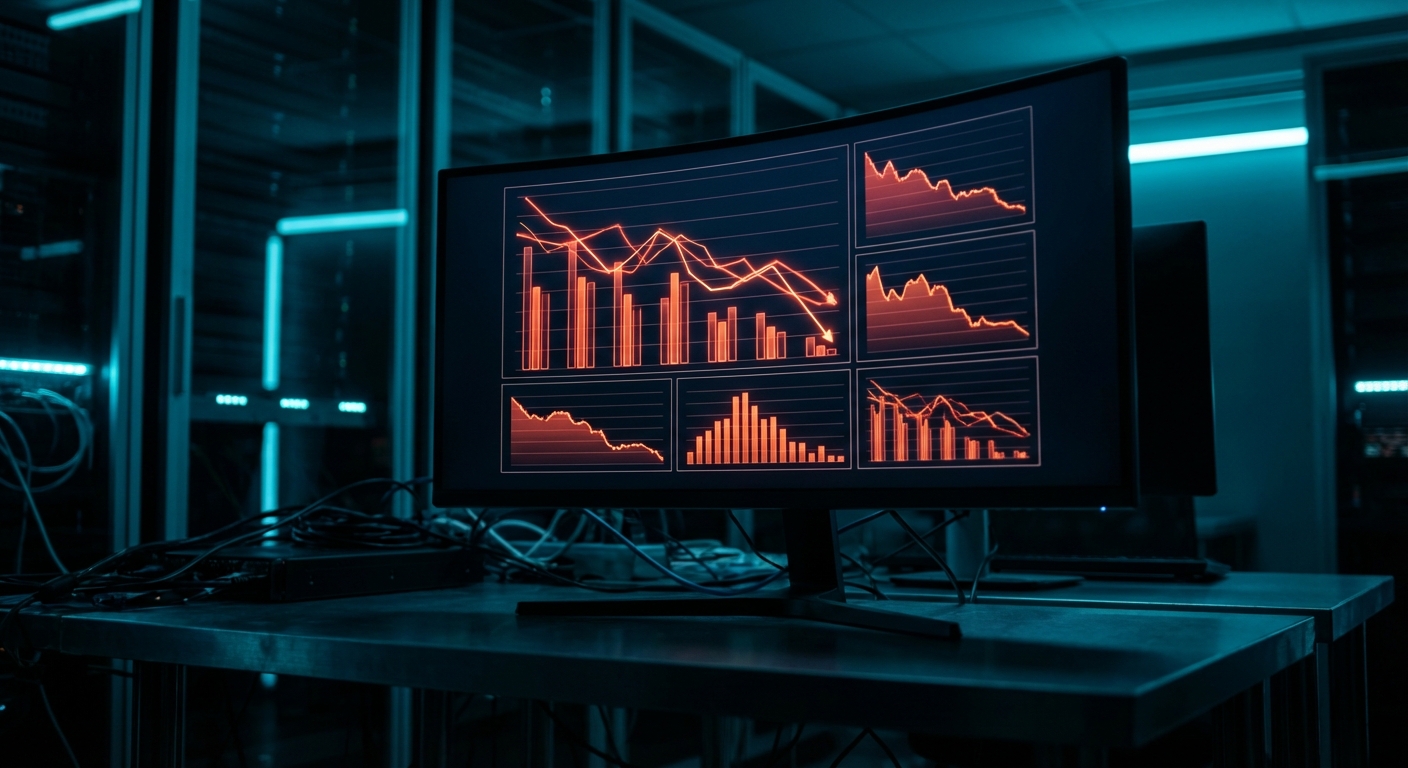 Dark data visualization showing declining metrics on monitors