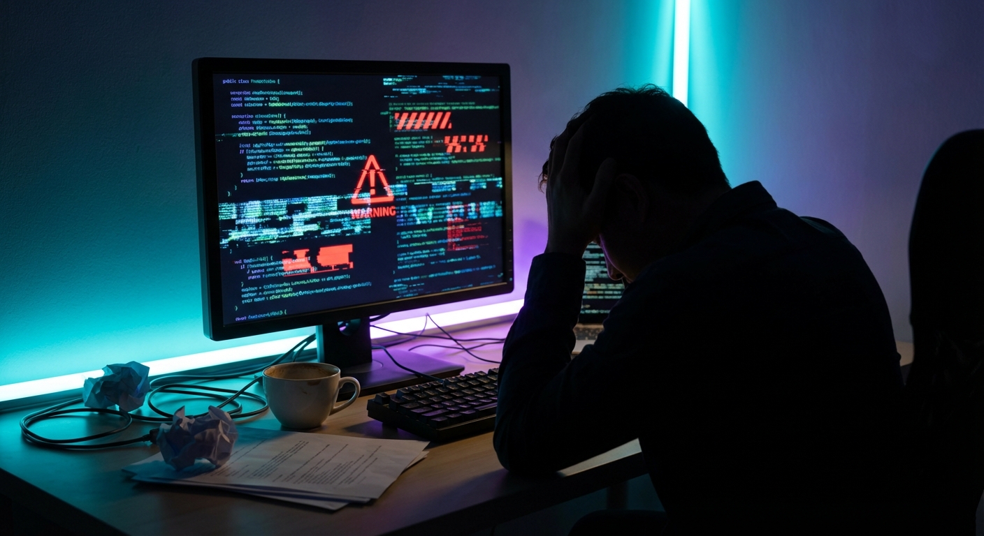 Dark glitching terminal screen with declining performance charts