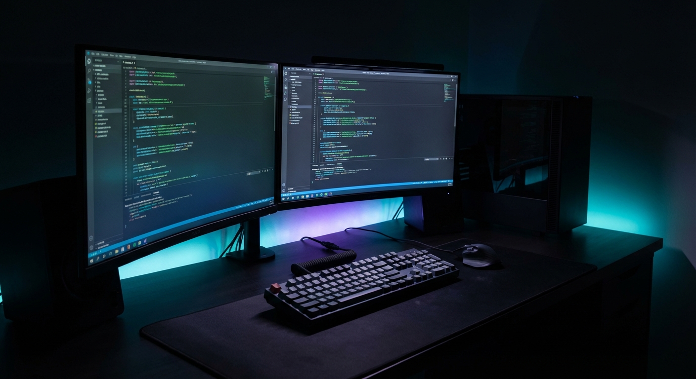 Dark developer workspace with dual monitors showing code and terminal