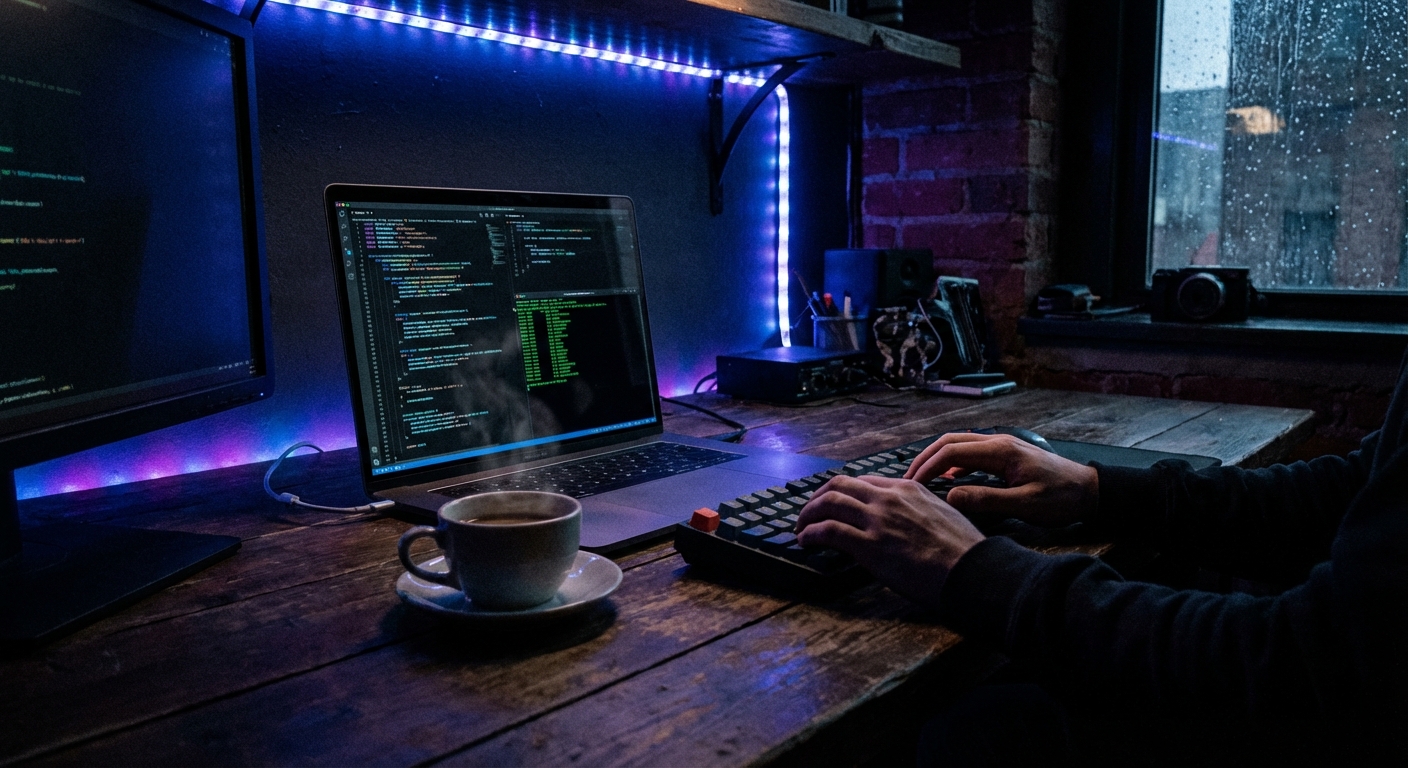 Developer workspace with dark theme code editor and terminal