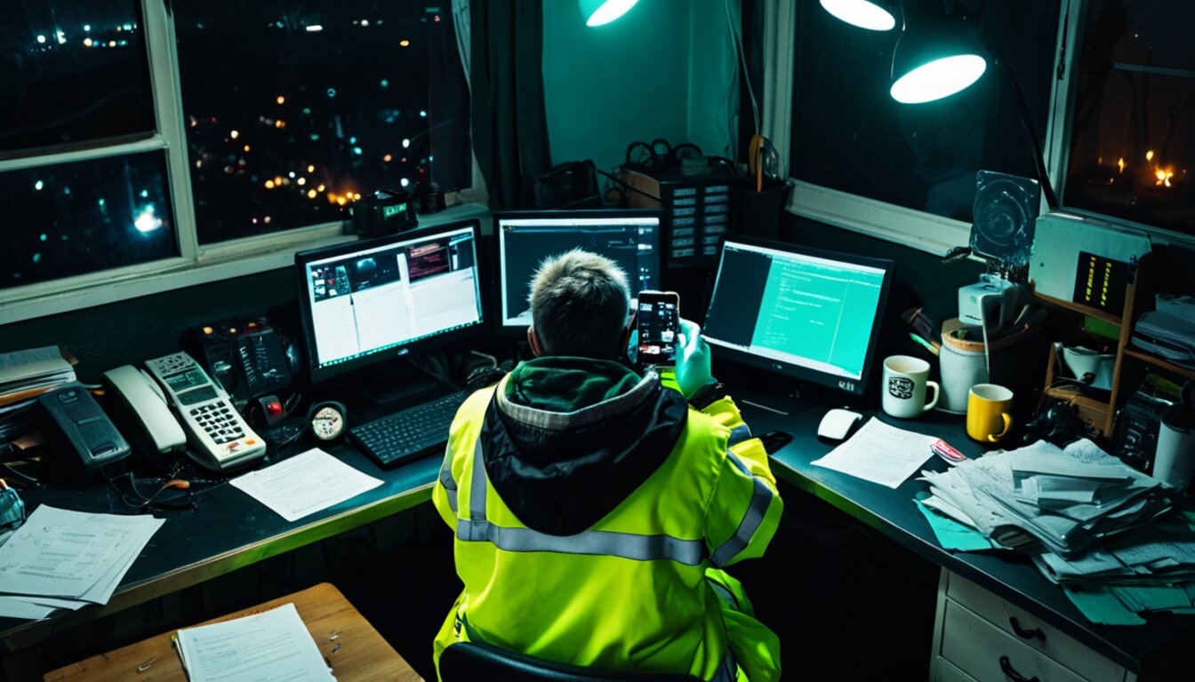 A small business owner holding a smartphone in a dimly lit back office at night with a stack of missed call notifications visible on the screen