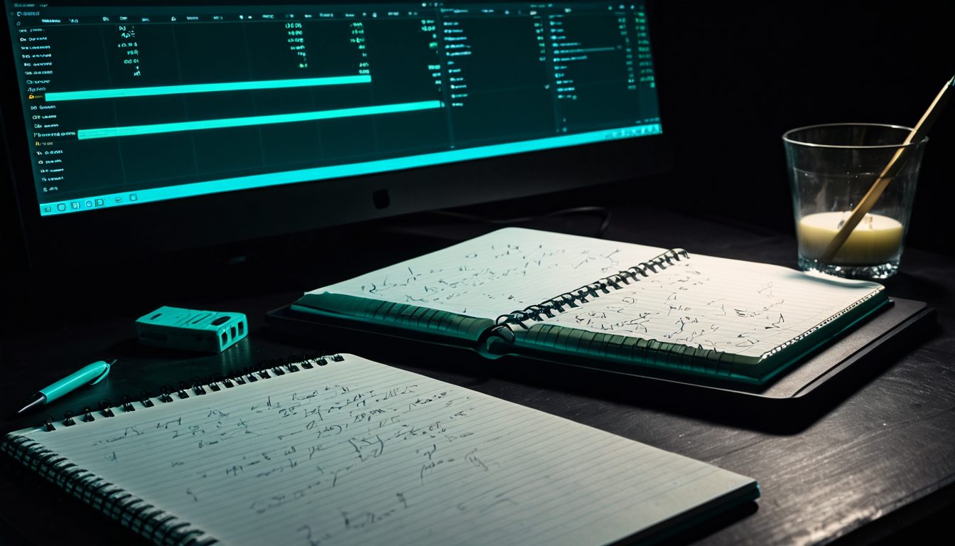 Dark desk at night with open notebook showing handwritten cost figures, lit by cyan monitor glow