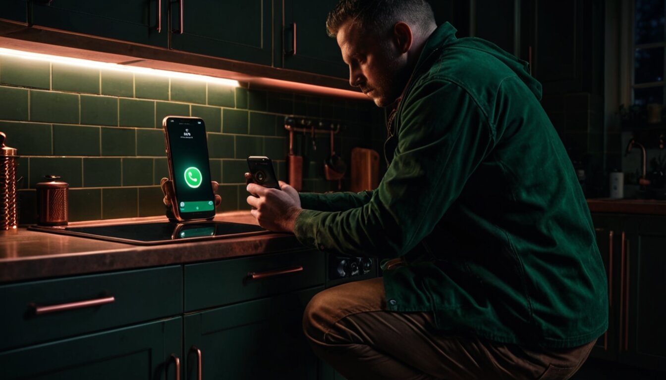 A UK plumber kneeling beside an open kitchen cabinet at dusk with a smartphone glowing with a WhatsApp notification on the worktop
