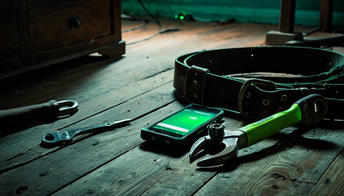 A plumber fitting a copper pipe under a sink while a phone on the worktop shows an unread WhatsApp notification
