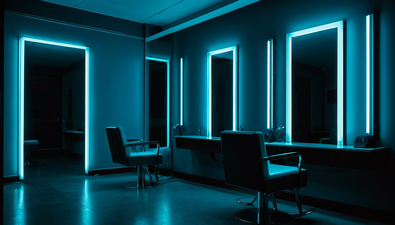 An empty hairdressing salon at dusk with two styling chairs and tall mirrors lit by cyan neon strip lighting