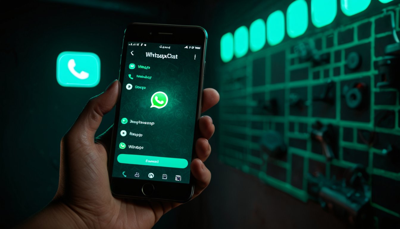 Hands holding a smartphone displaying a WhatsApp conversation, dark workshop background with cyan glow from the screen