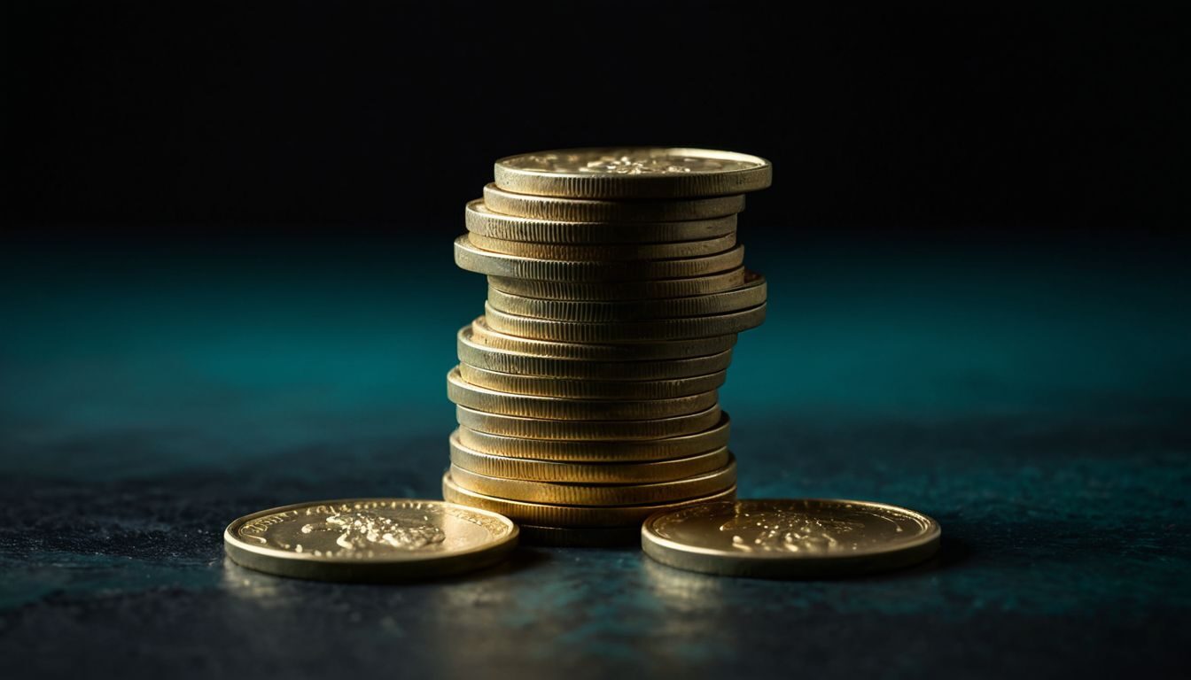 Desk with UK pound coins, a smartphone and a calculator under moody cinematic lighting