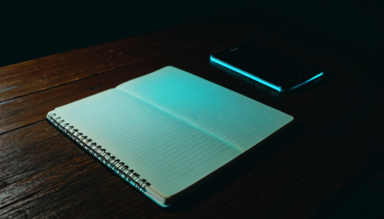 An open notebook on a dark wooden desk lit by a soft cyan glow from an off-screen monitor, suggesting a quiet decision moment